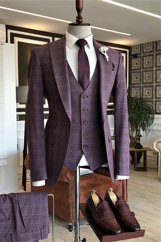 Stylish Purple Peaked Lapel Three Pieces Plaid Men Suits For Business-BMbridal