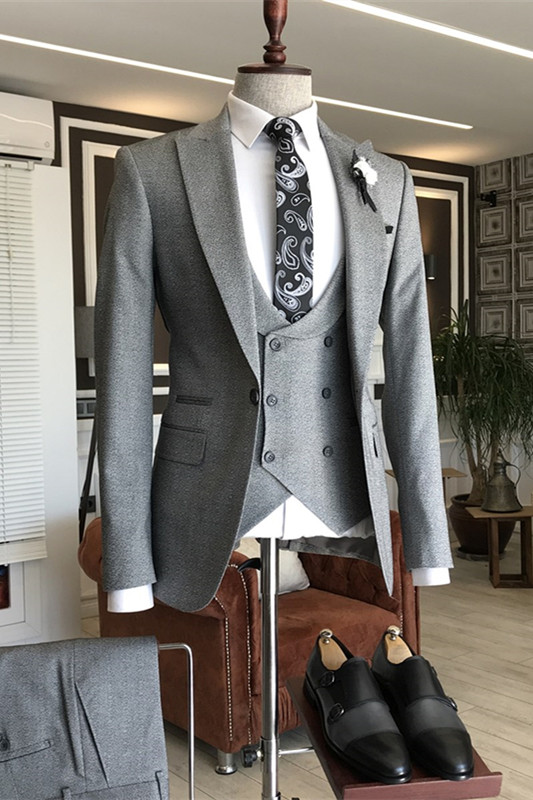 Fashion Gray Peaked Lapel Three Pieces Men Suits For Business-BMbridal