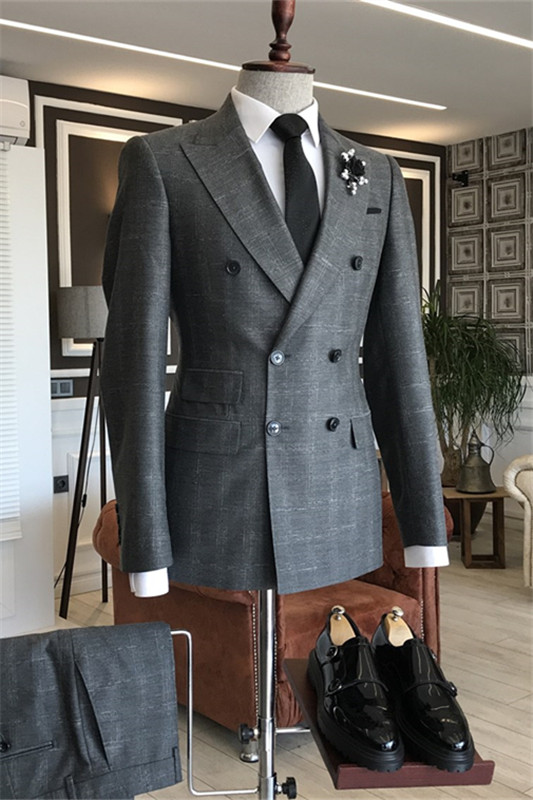 Chic Deep Gray Peaked Lapel Double Breasted Plaid Men Suits For Business-BMbridal