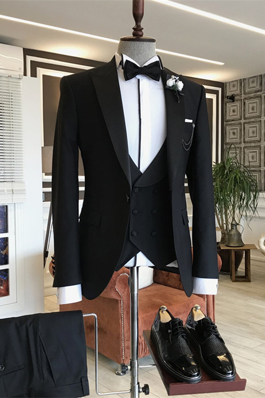 Black Peaked Lapel Three Pieces Simple Men Suits For Business-BMbridal