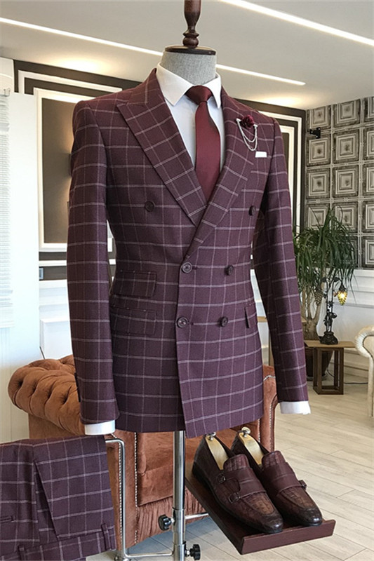 Stylish Wine Peaked Lapel Plaid Men Suits For Business-BMbridal