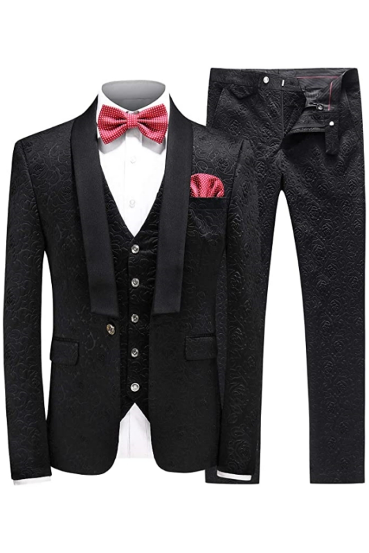 Fashion Black Shawl Lapel Three Pieces Jacquard Men Suits For Wedding-BMbridal