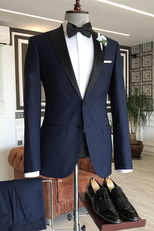 Navy Blue Peaked Lapel Two Pieces Formal Business Suits-BMbridal