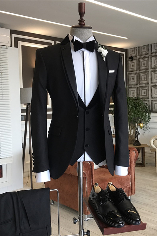 Black Notched Lapel Three Pieces Formal Business Suits-BMbridal