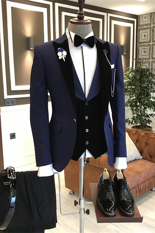 Bespoke Navy Blue Peaked Lapel Three Pieces Men Suits For Business-BMbridal