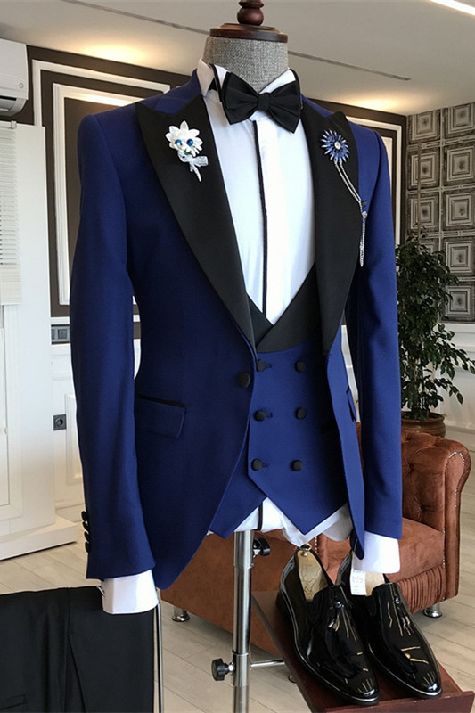 Blue Three Pieces Bespoke Prom Suits With Black Peaked Lapel-BMbridal