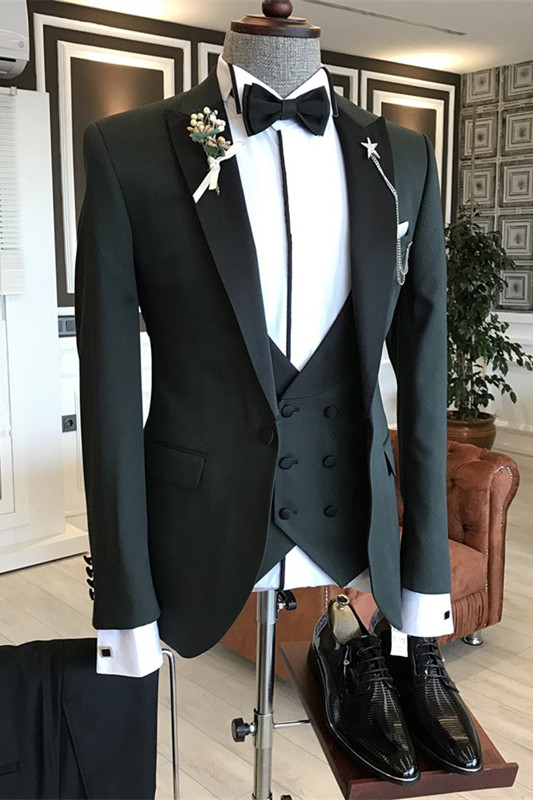 Dark Green Three Pieces Chic Business Suits With Black Peaked Lapel-BMbridal
