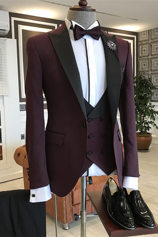 Deep Wine Three Pieces Glamorous Business Suits With Black Peaked Lapel-BMbridal