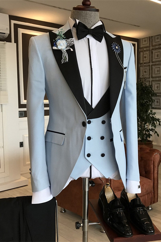 Light Blue Three Pieces Close Fitting Prom Suits With Black Peaked Lapel-BMbridal