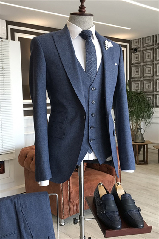 Deep Blue Peaked Lapel Three Pieces Close Fitting Men Suits For Business-BMbridal
