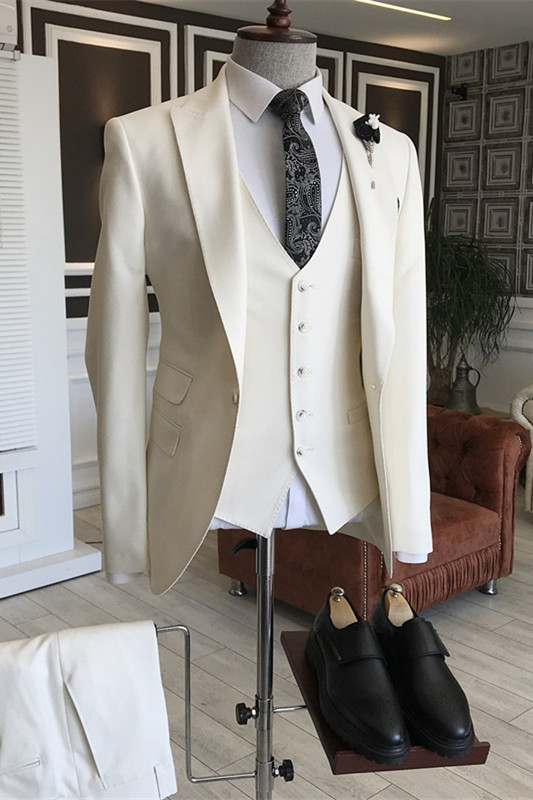 White Peaked Lapel Three Pieces Simple Prom Suits-BMbridal
