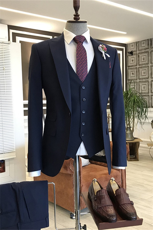 Navy Blue Peaked Lapel Three Pieces Formal Men Suits For Business-BMbridal