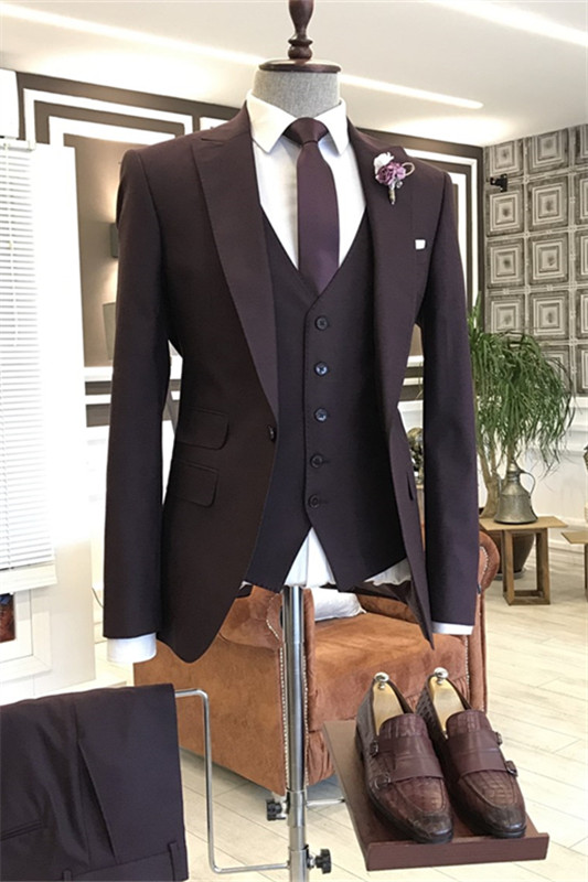 Brown Peaked Lapel Three Pieces Slim Suits For Business-BMbridal
