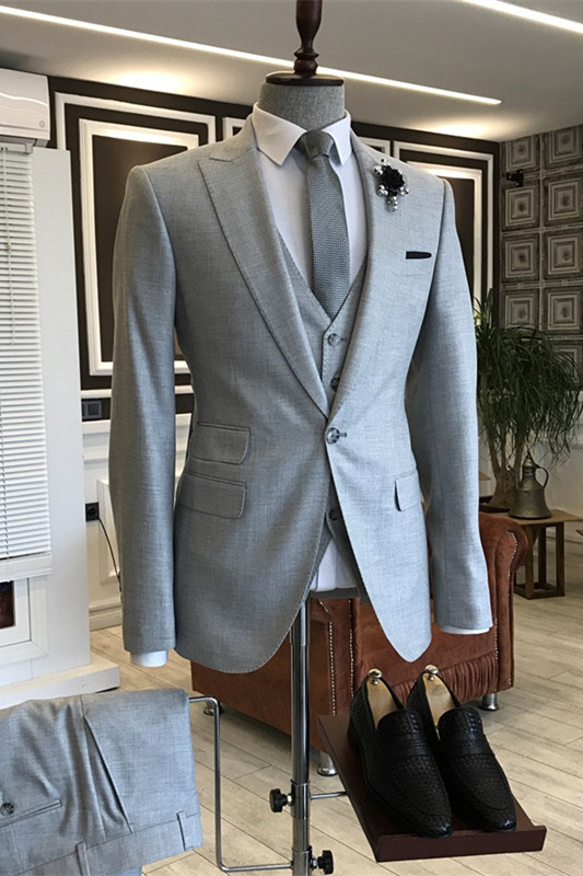 Light Gray Peaked Lapel Three Pieces Simple Business Suits-BMbridal