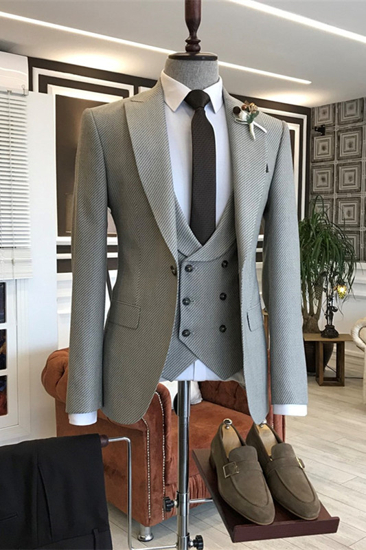 Light Gray Peaked Lapel Three Pieces Slim Suits For Business-BMbridal