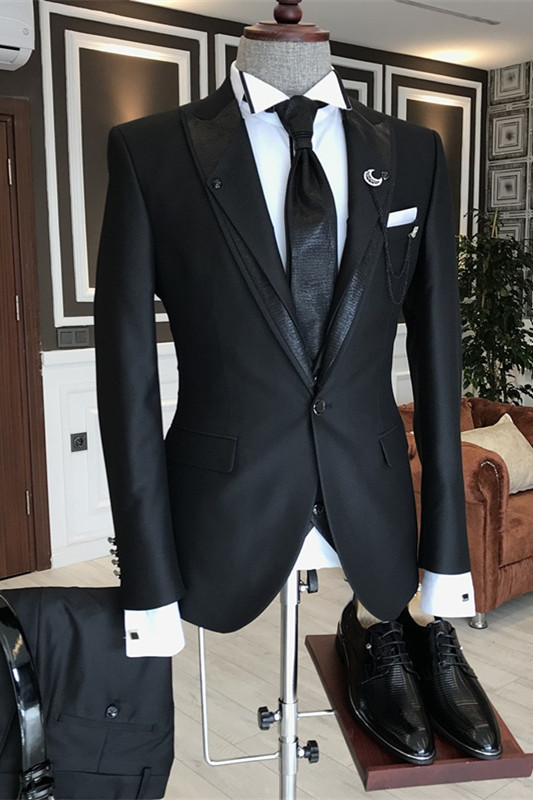 Black Peaked Lapel Three Pieces Bespoke Men Suits For Business-BMbridal