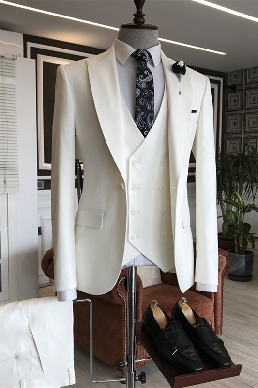 Simple White Peaked Lapel Three Pieces Prom Suits-BMbridal