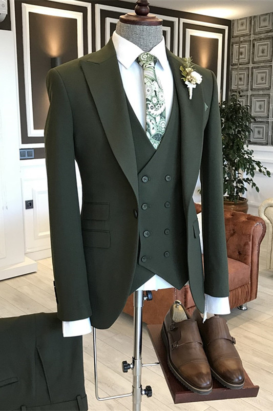 Fashion Deep Green Peaked Lapel Close Fitting Prom Suits-BMbridal