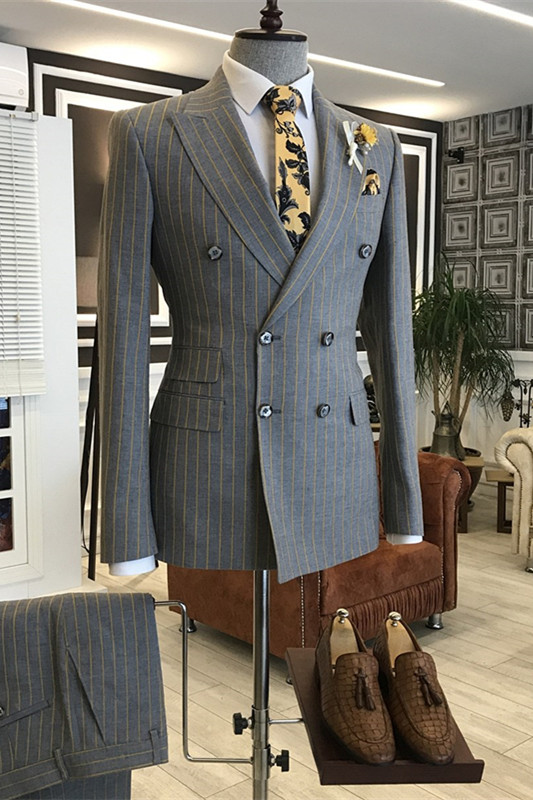 Fancy Gray Peaked Lapel Double Breasted Striped Business Suits-BMbridal