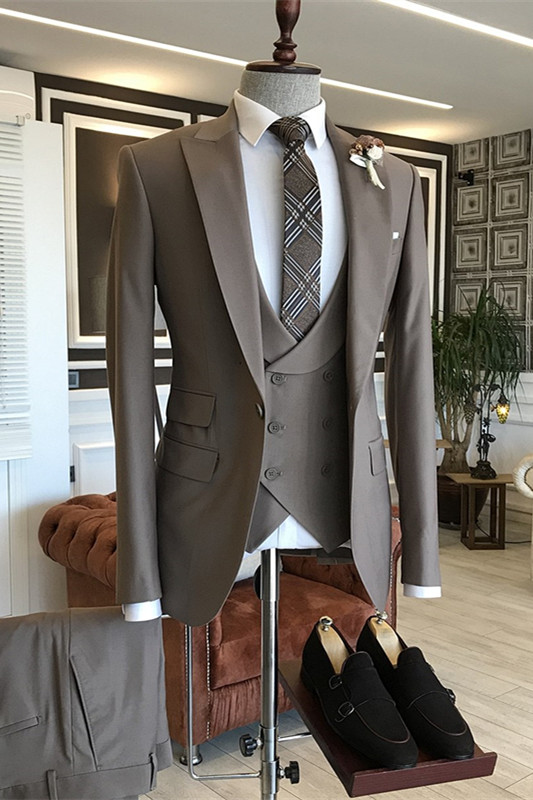 Ash Gray Peaked Lapel Three Pieces Bespoke Business Suits-BMbridal