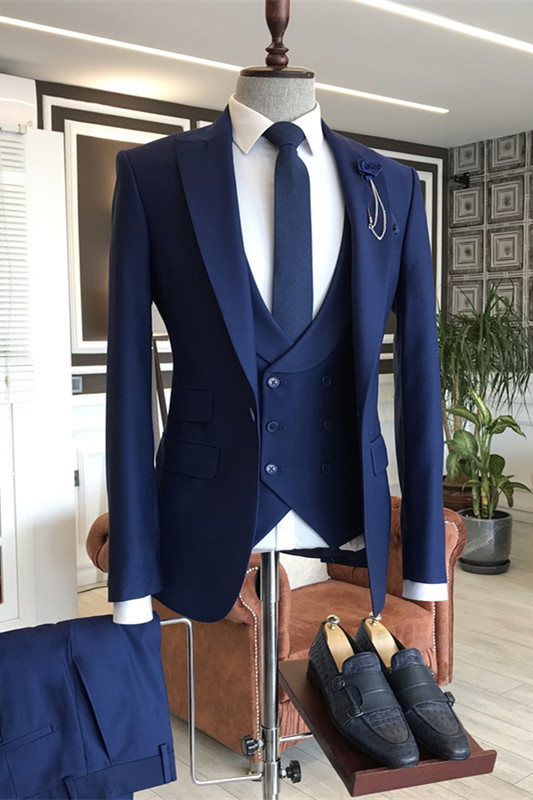 Stylish Blue Peaked Lapel Three Pieces Prom Suits For Men-BMbridal