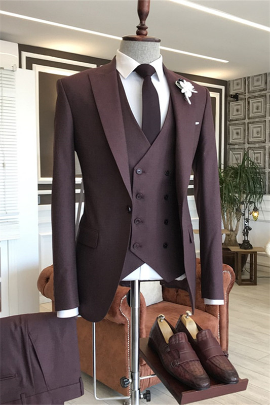 Glamorous Burgundy Peaked Lapel Three Pieces Men Suits For Prom-BMbridal