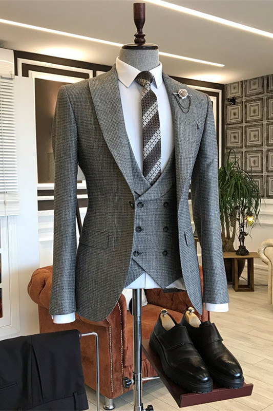 Gray Formal Peaked Lapel Three Pieces Men Suits For Business-BMbridal