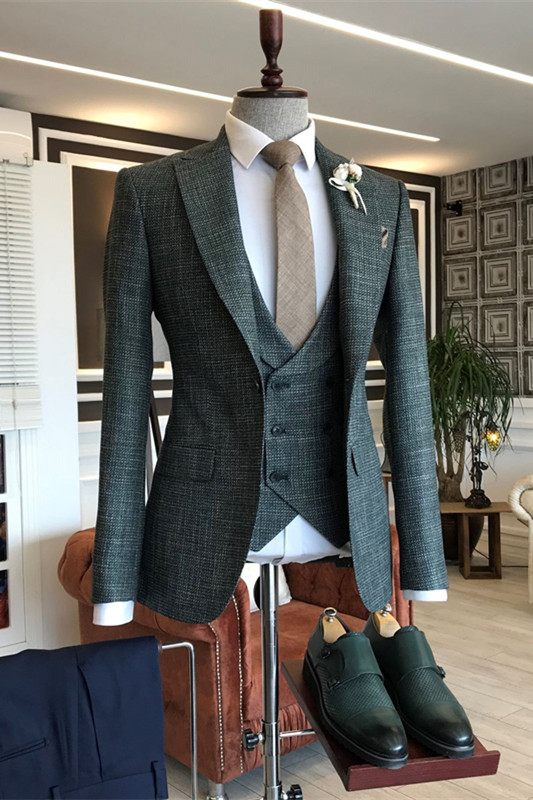 Stylish Dark Green Peaked Lapel Three Pieces Men Suits For Business-BMbridal