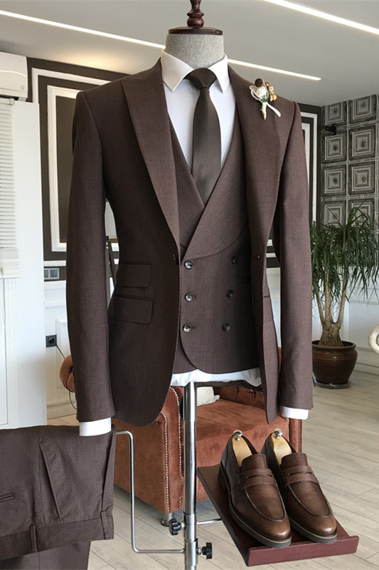 Glamorous Brown Peaked Lapel Three Pieces Business Suits-BMbridal