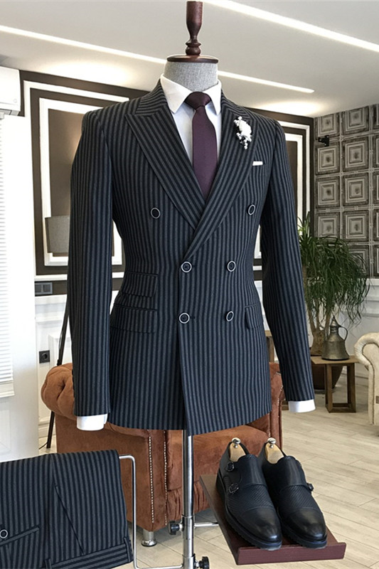 Formal Navy Blue Peaked Lapel Double Breasted Striped Business Suits-BMbridal
