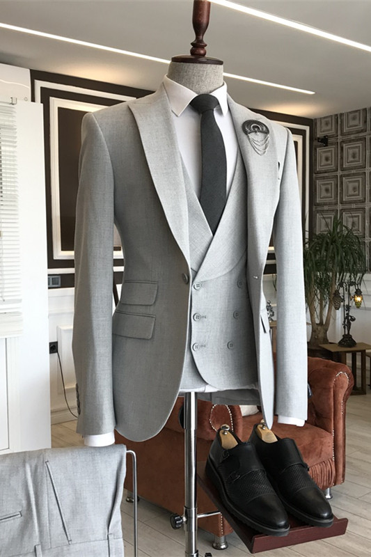 Light Gray Peaked Lapel Three Pieces Bespoke Business Suits-BMbridal