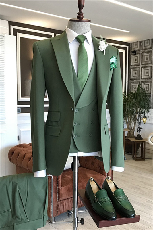 Modern Deep Sage Peaked Lapel Three Pieces Prom Suits-BMbridal