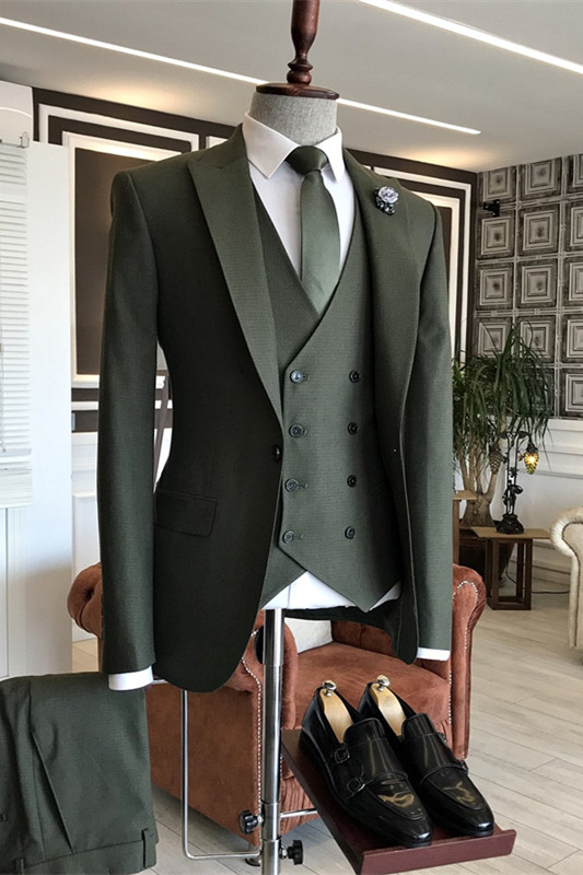 Fashion Dark Green Peaked Lapel Three Pieces Prom Suits-BMbridal