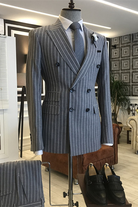 Deep Gray Striped Peaked Lapel Double Breasted Formal Business Suits-BMbridal
