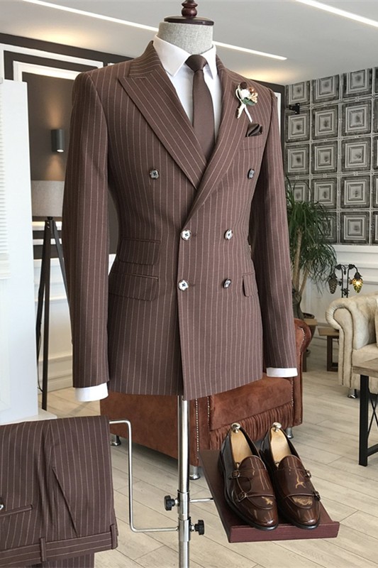 Stylish Coffee Peaked Lapel Double Breasted Striped Business Suits-BMbridal