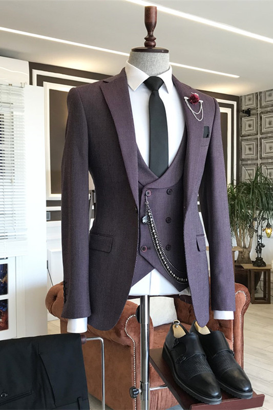 Deep Purple Peaked Lapel Three Pieces Bespoke Prom Suits-BMbridal