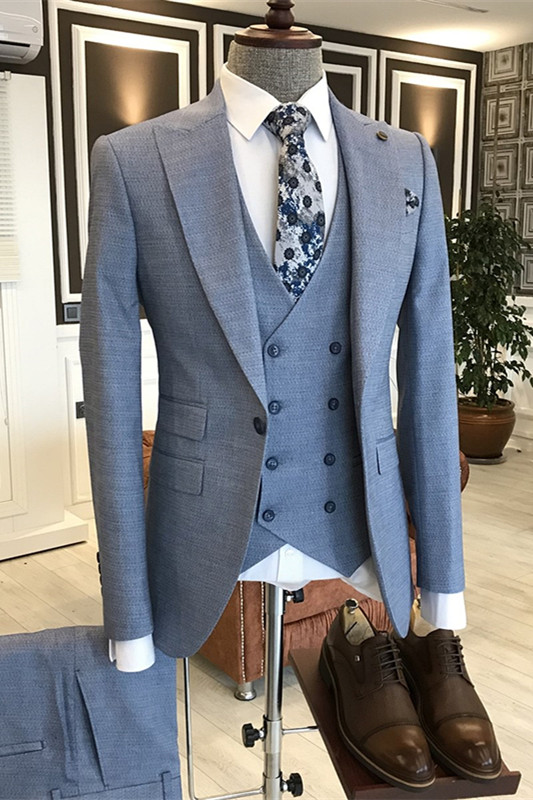 Dusty Blue Peaked Lapel Three Pieces Slim Suits For Business-BMbridal