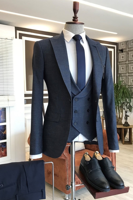 Navy Blue Peaked Lapel Three Pieces Formal Business Suits-BMbridal