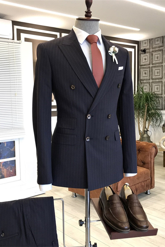Formal Black Peaked Lapel Double Breasted Striped Business Suits-BMbridal