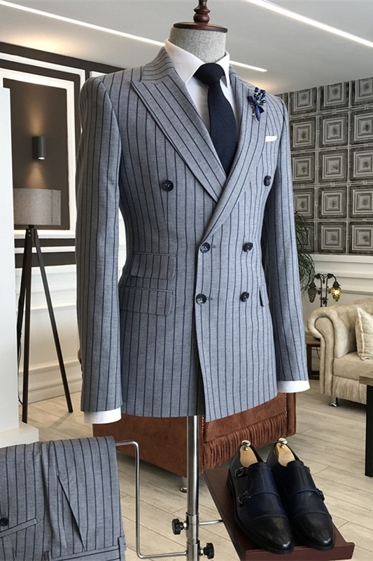 Gray Striped Peaked Lapel Double Breasted Business Suits-BMbridal