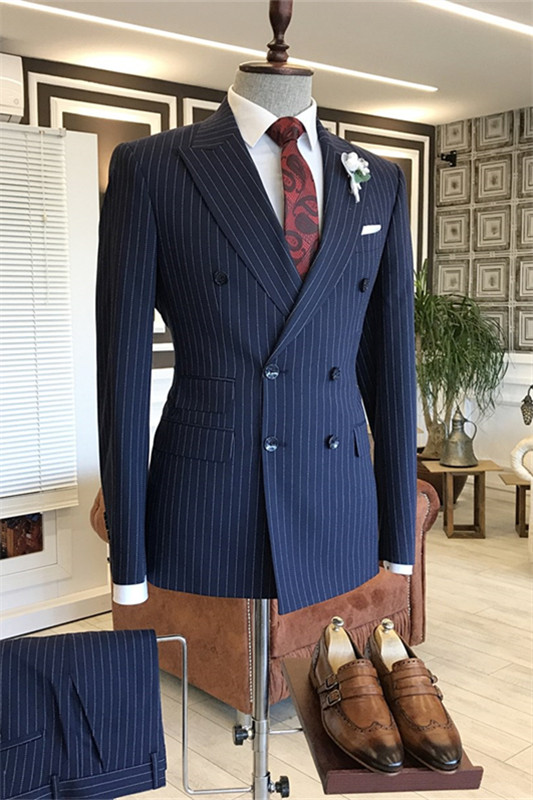 Fancy Deep Blue Peaked Lapel Double Breasted Striped Business Suits-BMbridal