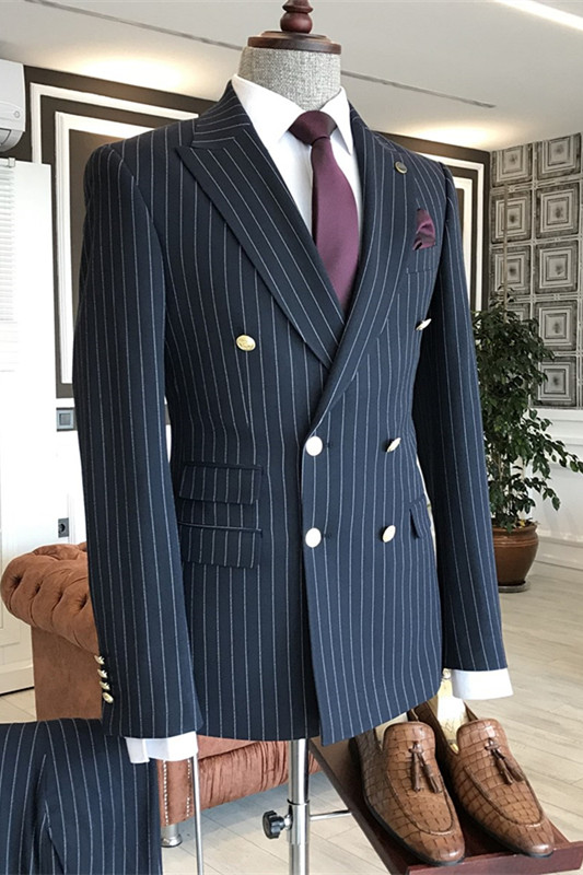 Navy Blue Peaked Lapel Striped Double Breasted Business Suits-BMbridal