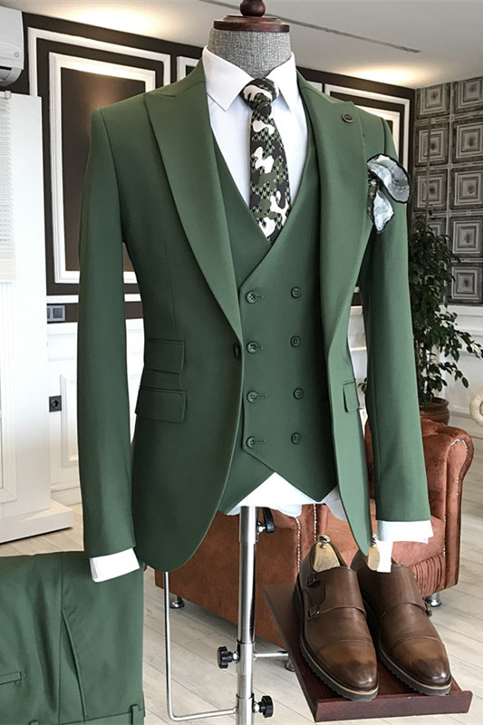 Modern Green Peaked Lapel Three Pieces Prom Suits-BMbridal