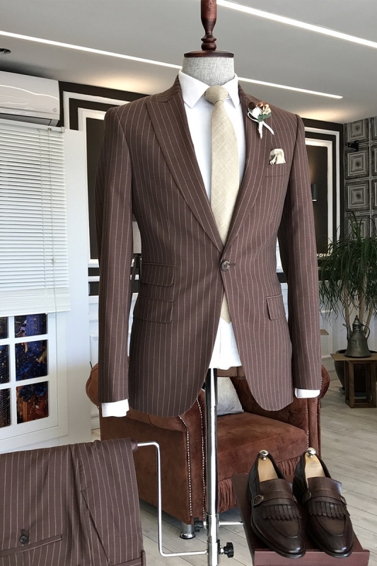 Formal Brown Peaked Lapel Two Pieces Striped Business Suits-BMbridal