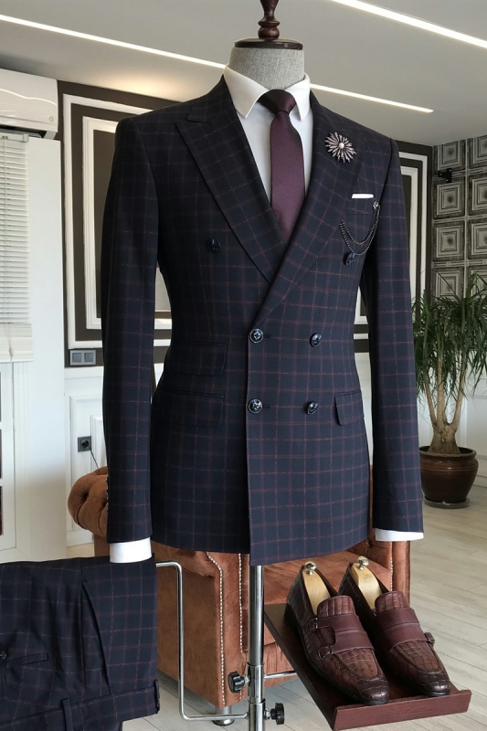 Newest Black Peaked Lapel Double Breasted Business Suits With Red Plaid-BMbridal