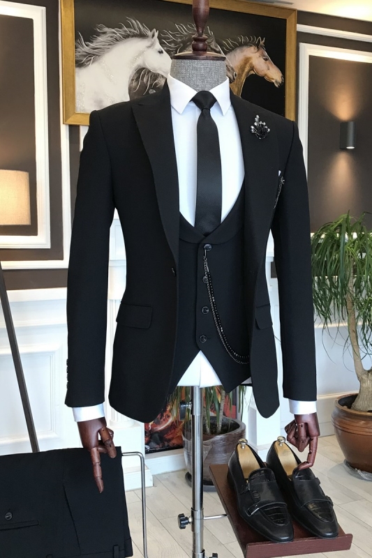 Black Peaked Lapel Three Pieces Formal Business Suits-BMbridal