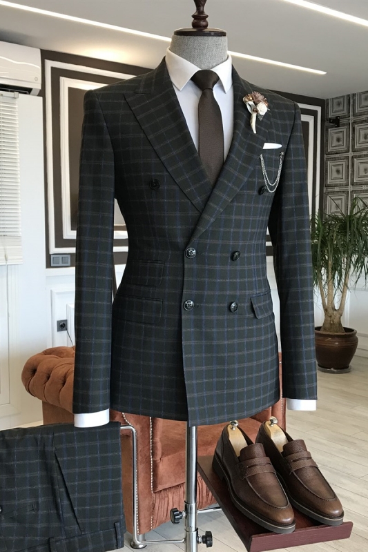 New Arrival Deep Gray Peaked Lapel Double Breasted Plaid Business Suits-BMbridal