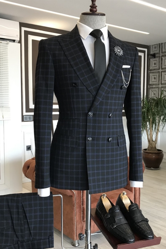 Simple Black Peaked Lapel Double Breasted Business Suits With Gray Plaid-BMbridal