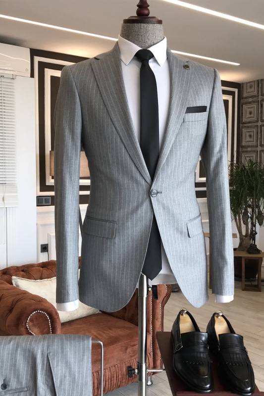Gray Striped Notched Lapel Two Pieces Newest Business Suits-BMbridal