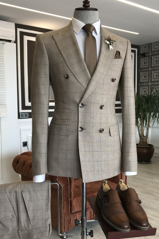 Formal Light Brown Plaid Peaked Lapel Double Breasted Business Suits-BMbridal